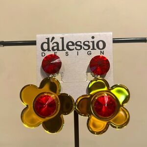 Vintage Style Dalessio Design Red & Gold Flower Dangle Clip On Earrings